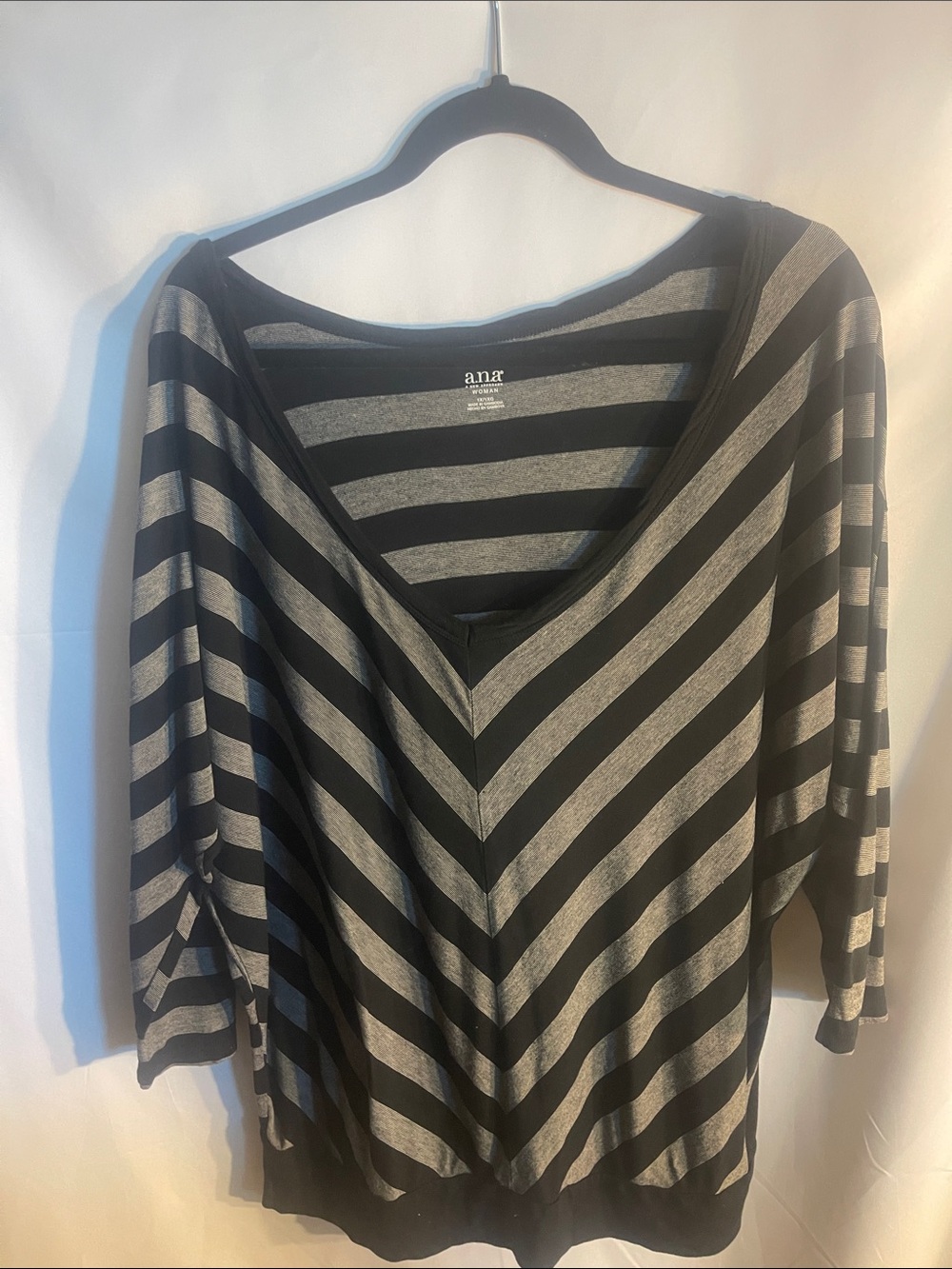 a.n.a Black & Gray Striped V-Neck Long Sleeve Top